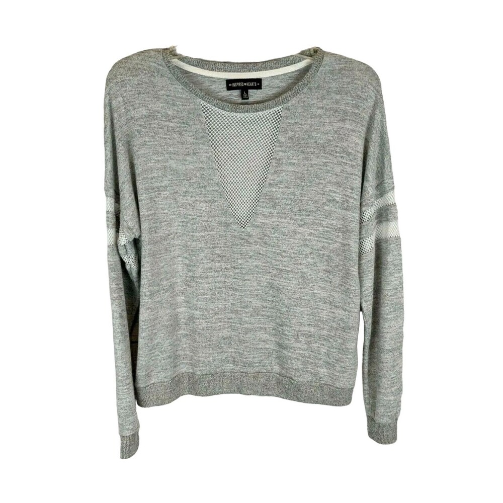 Inspired Hearts Sweater  Women's L  Gray Long Sleeve Knit Top w Fishnet Accents